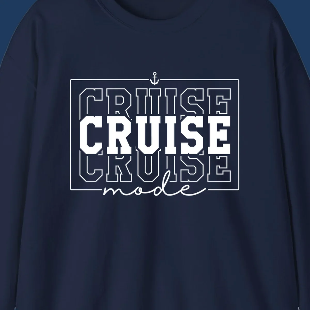 White anchor icon above bold 'CRUISE MODE' text with decorative border on gray background, nautical-themed design