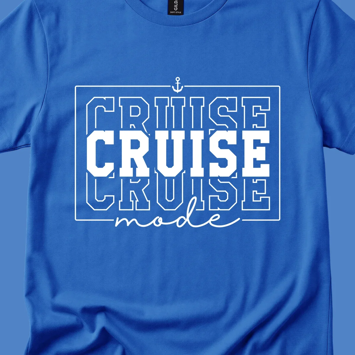 White anchor icon above bold 'CRUISE MODE' text with decorative border on gray background, nautical-themed design