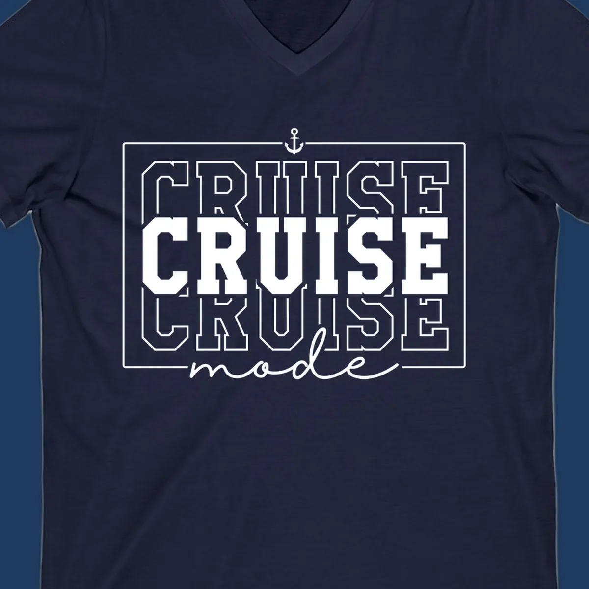 White anchor icon above bold 'CRUISE MODE' text with decorative border on gray background, nautical-themed design