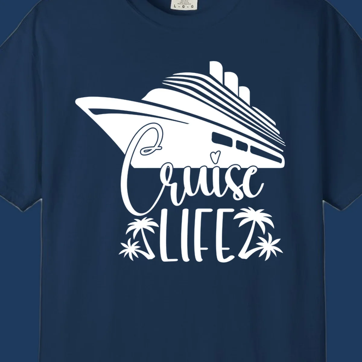 Cruise life design featuring a stylized ship with palm trees and heart symbol in white on gray background