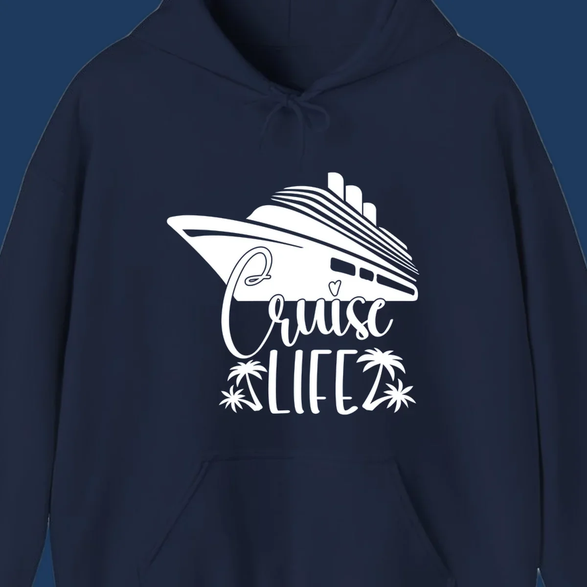 Cruise life design featuring a stylized ship with palm trees and heart symbol in white on gray background