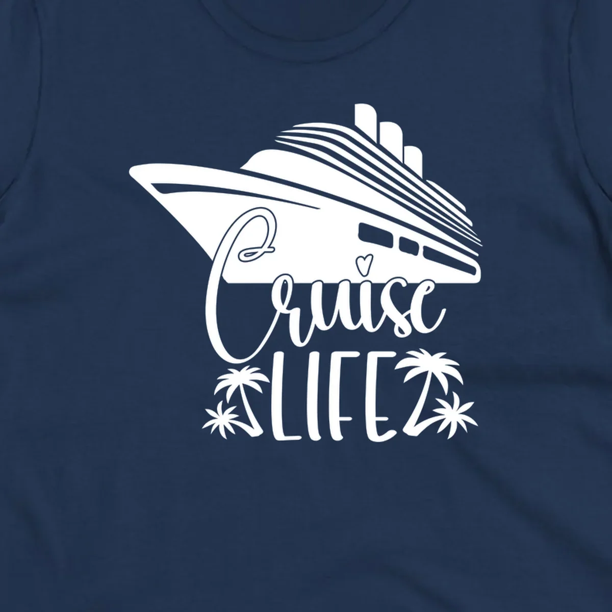 Cruise life design featuring a stylized ship with palm trees and heart symbol in white on gray background