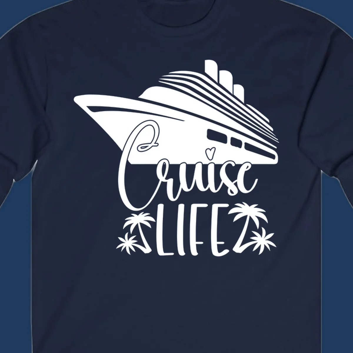 Cruise life design featuring a stylized ship with palm trees and heart symbol in white on gray background