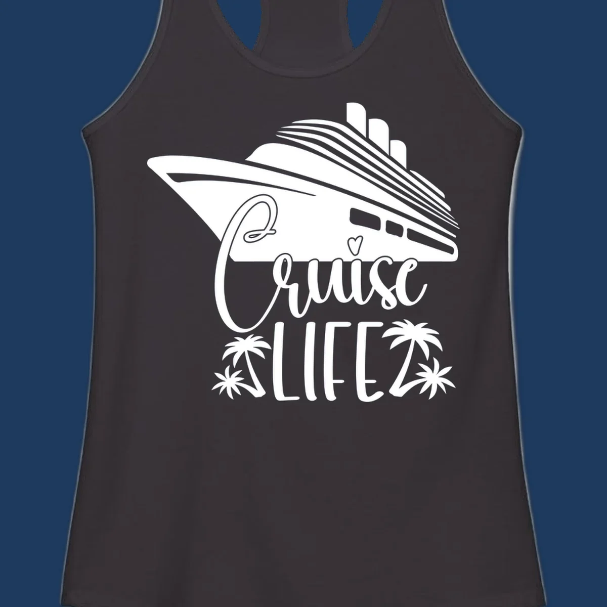 Cruise life design featuring a stylized ship with palm trees and heart symbol in white on gray background