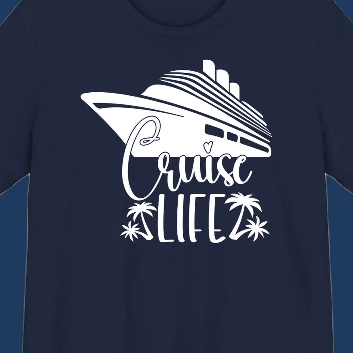 Cruise life design featuring a stylized ship with palm trees and heart symbol in white on gray background