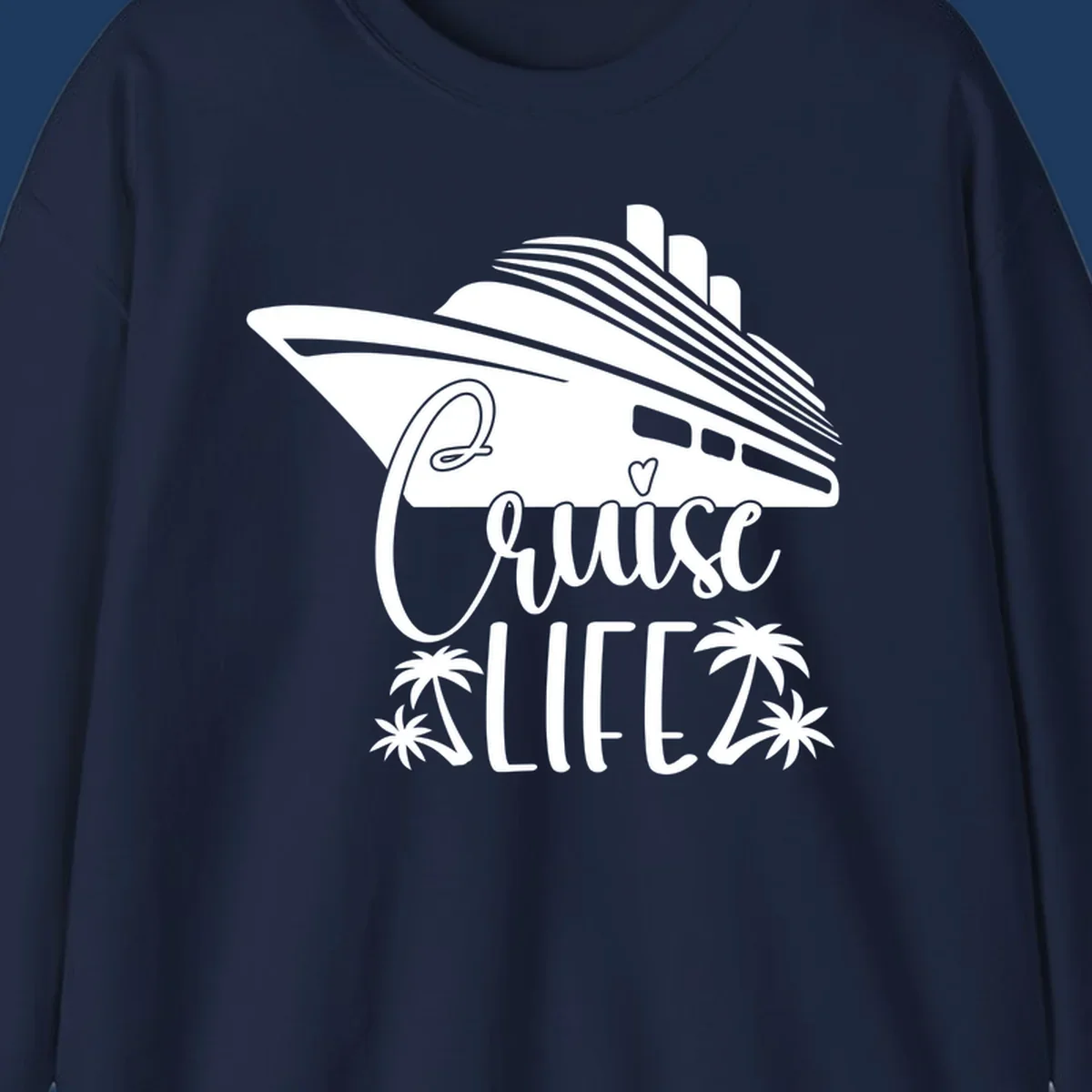 Cruise life design featuring a stylized ship with palm trees and heart symbol in white on gray background
