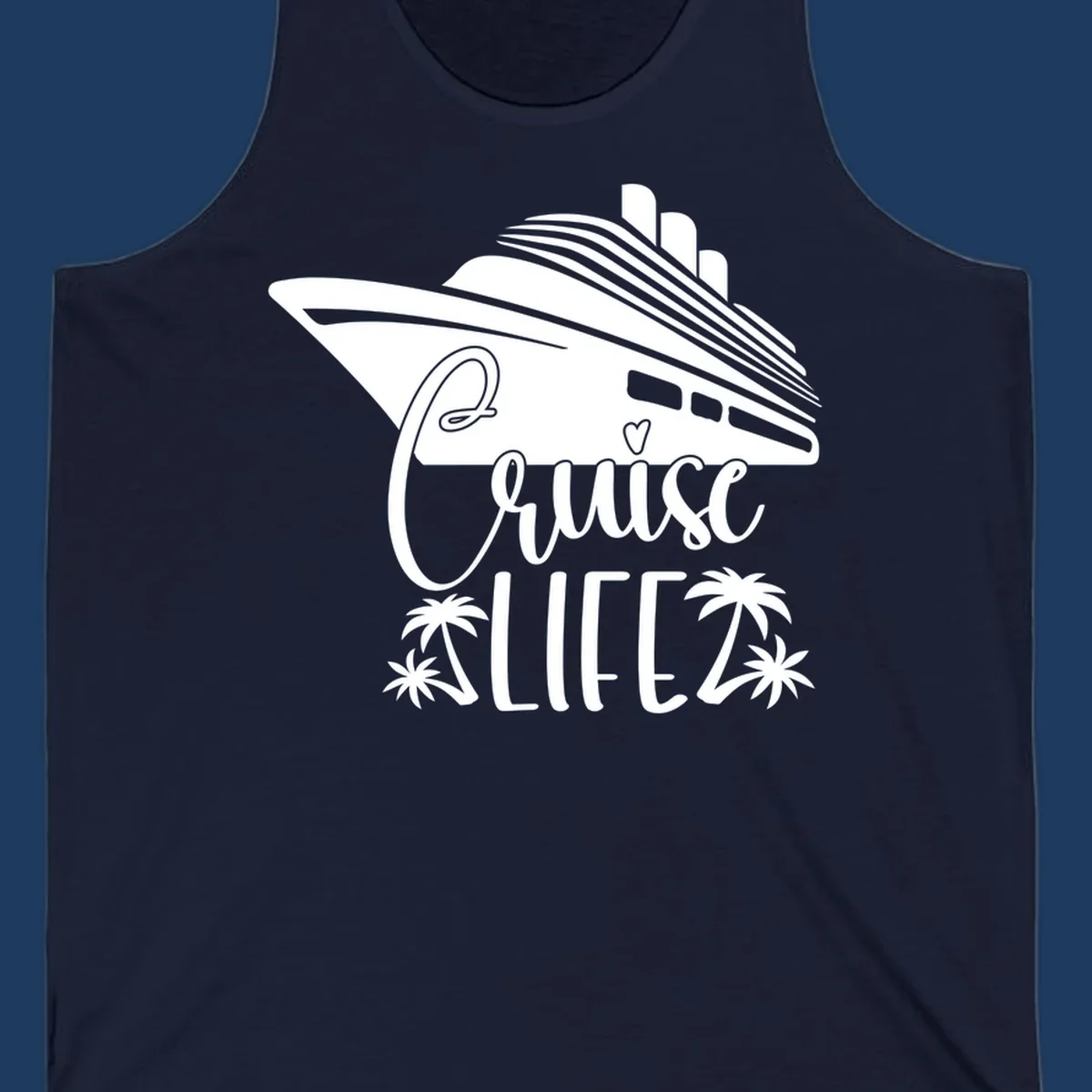 Cruise life design featuring a stylized ship with palm trees and heart symbol in white on gray background