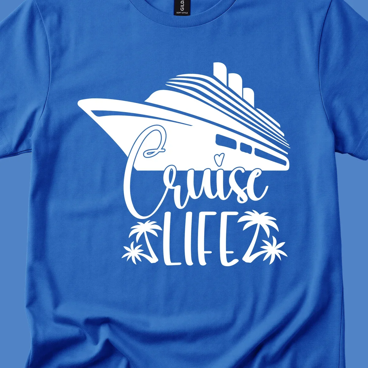 Cruise life design featuring a stylized ship with palm trees and heart symbol in white on gray background
