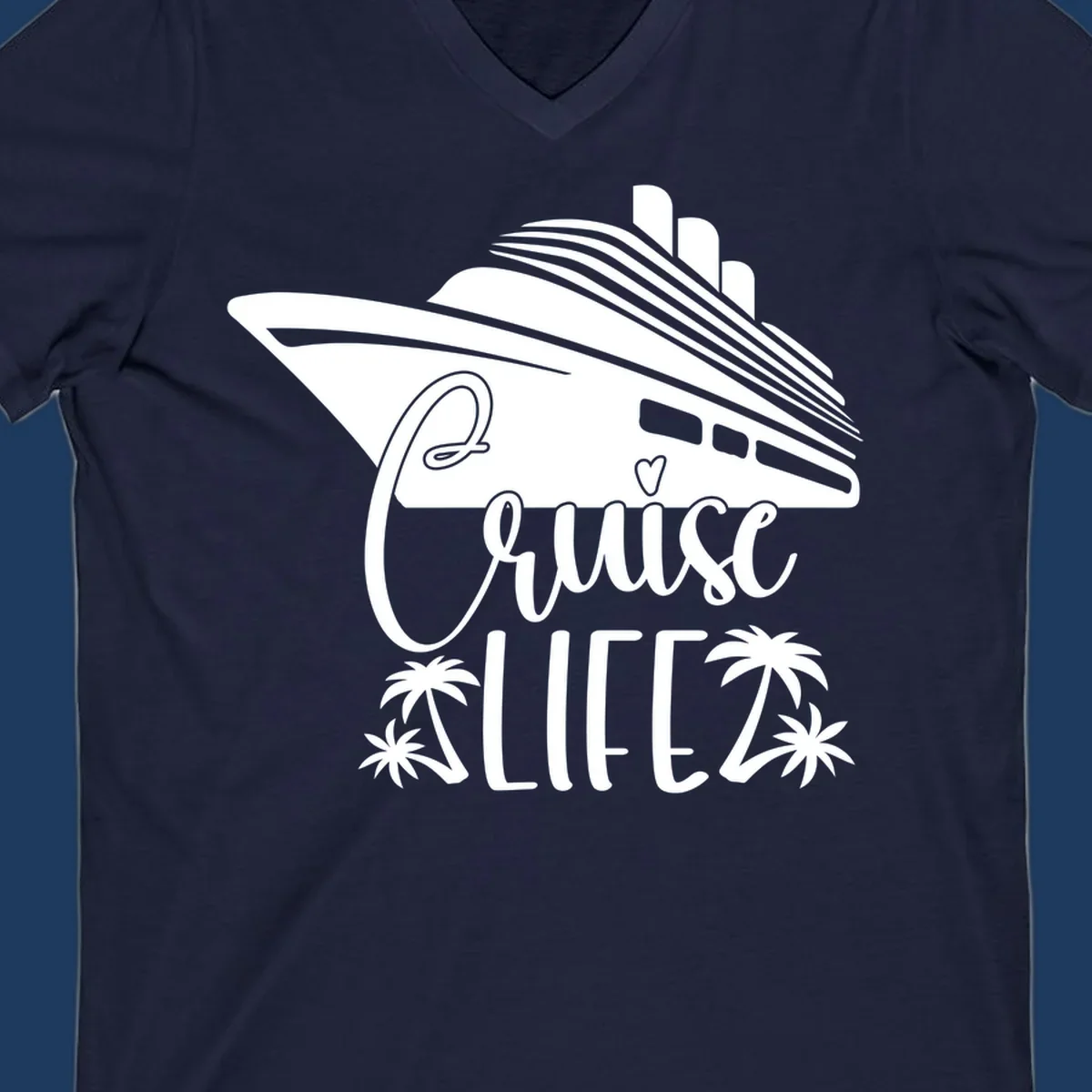 Cruise life design featuring a stylized ship with palm trees and heart symbol in white on gray background
