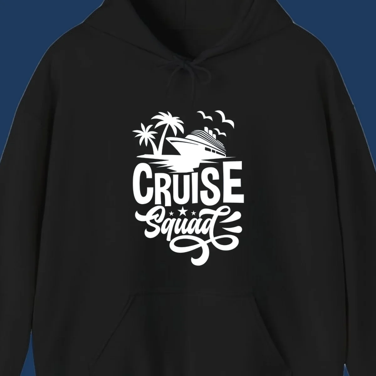 Cruise squad goals design with ship, palm trees, seagulls, and decorative text on gray background