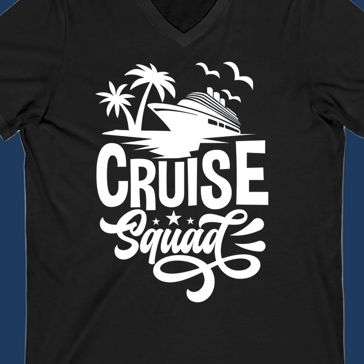 Cruise squad goals design with ship, palm trees, seagulls, and decorative text on gray background