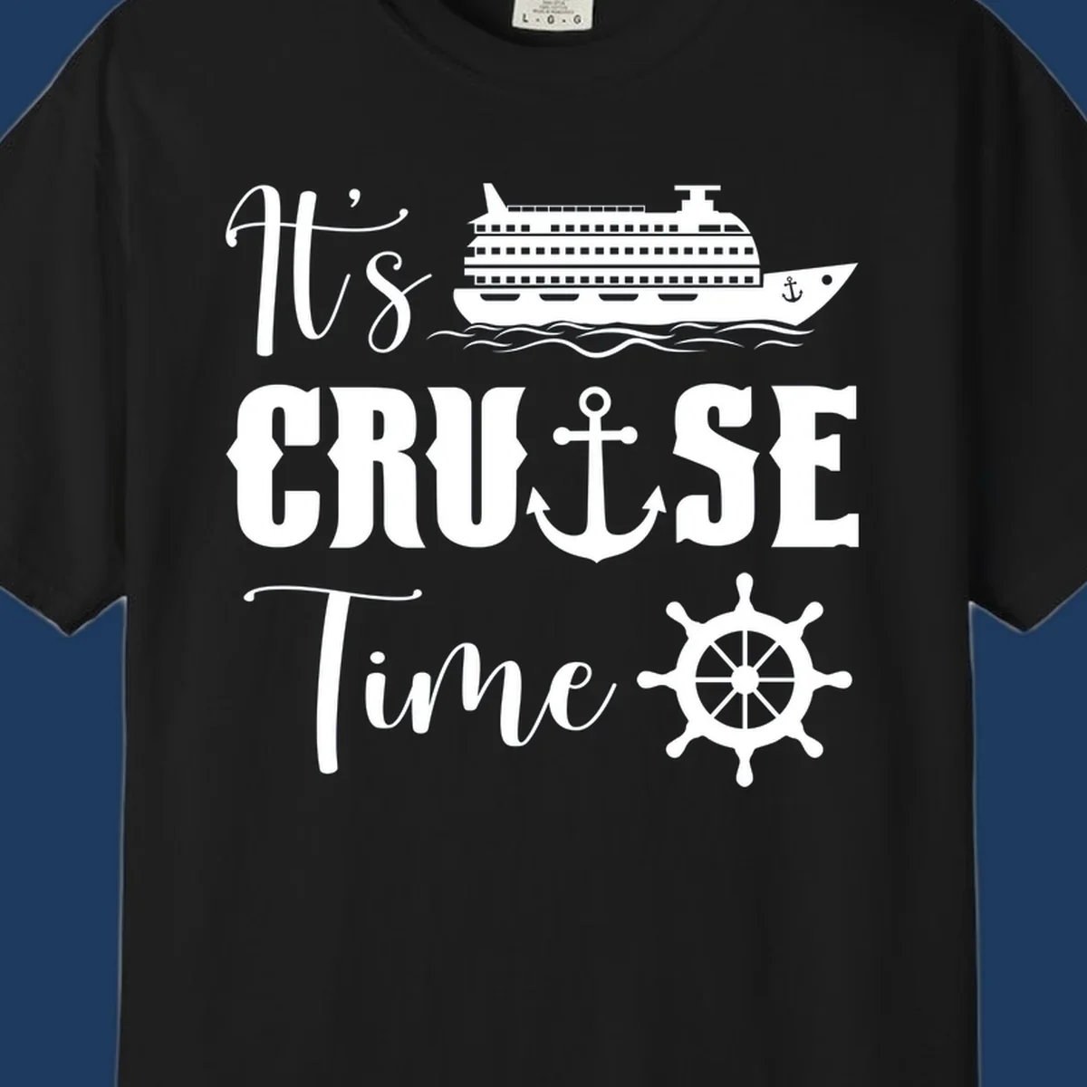 Nautical design reading 'It's Cruise Time' with cruise ship, anchor, ship's wheel, and ocean waves on gray background