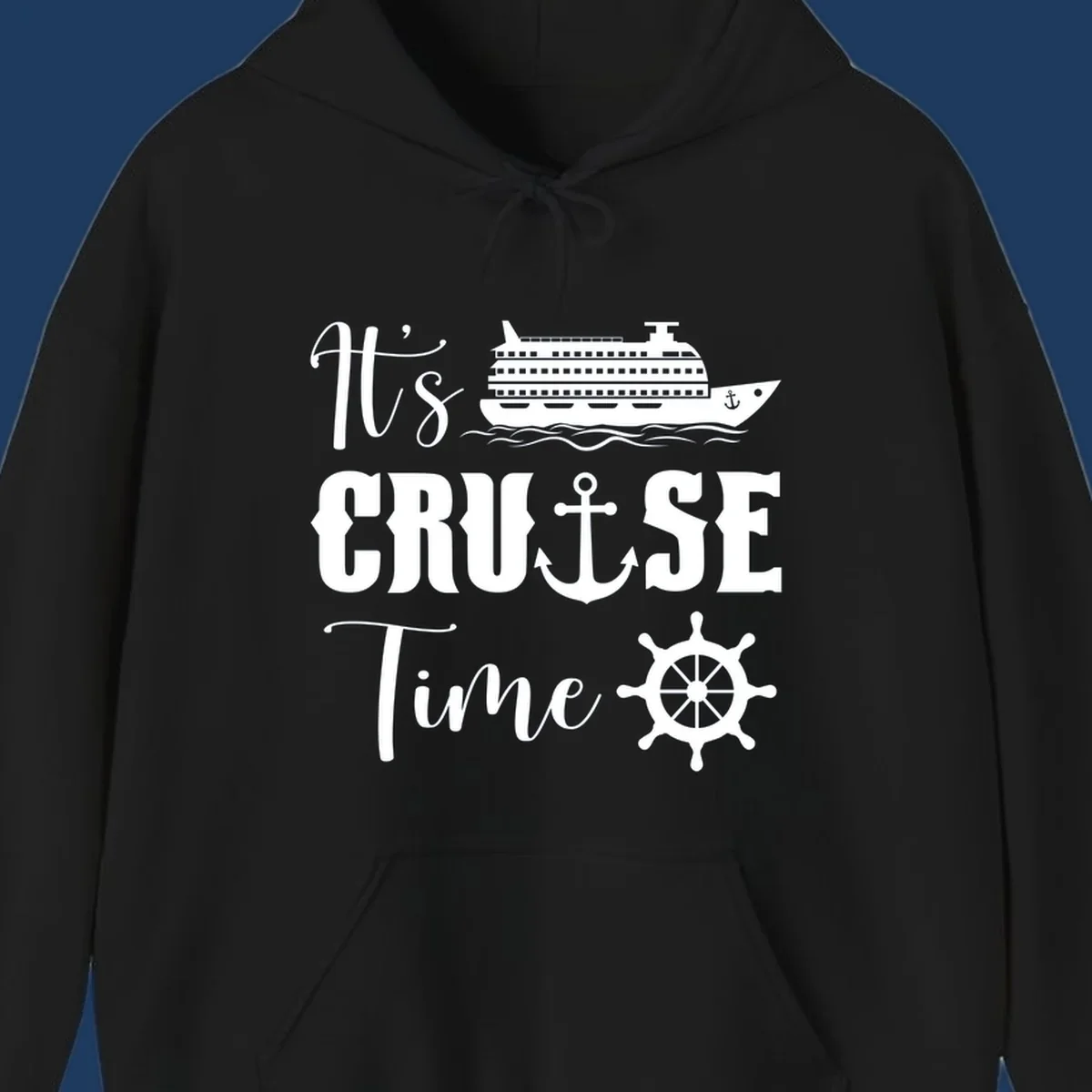 Nautical design reading 'It's Cruise Time' with cruise ship, anchor, ship's wheel, and ocean waves on gray background