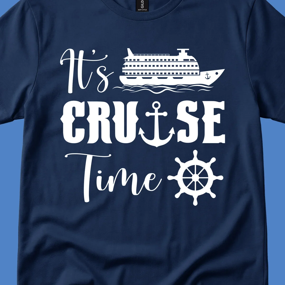 Nautical design reading 'It's Cruise Time' with cruise ship, anchor, ship's wheel, and ocean waves on gray background