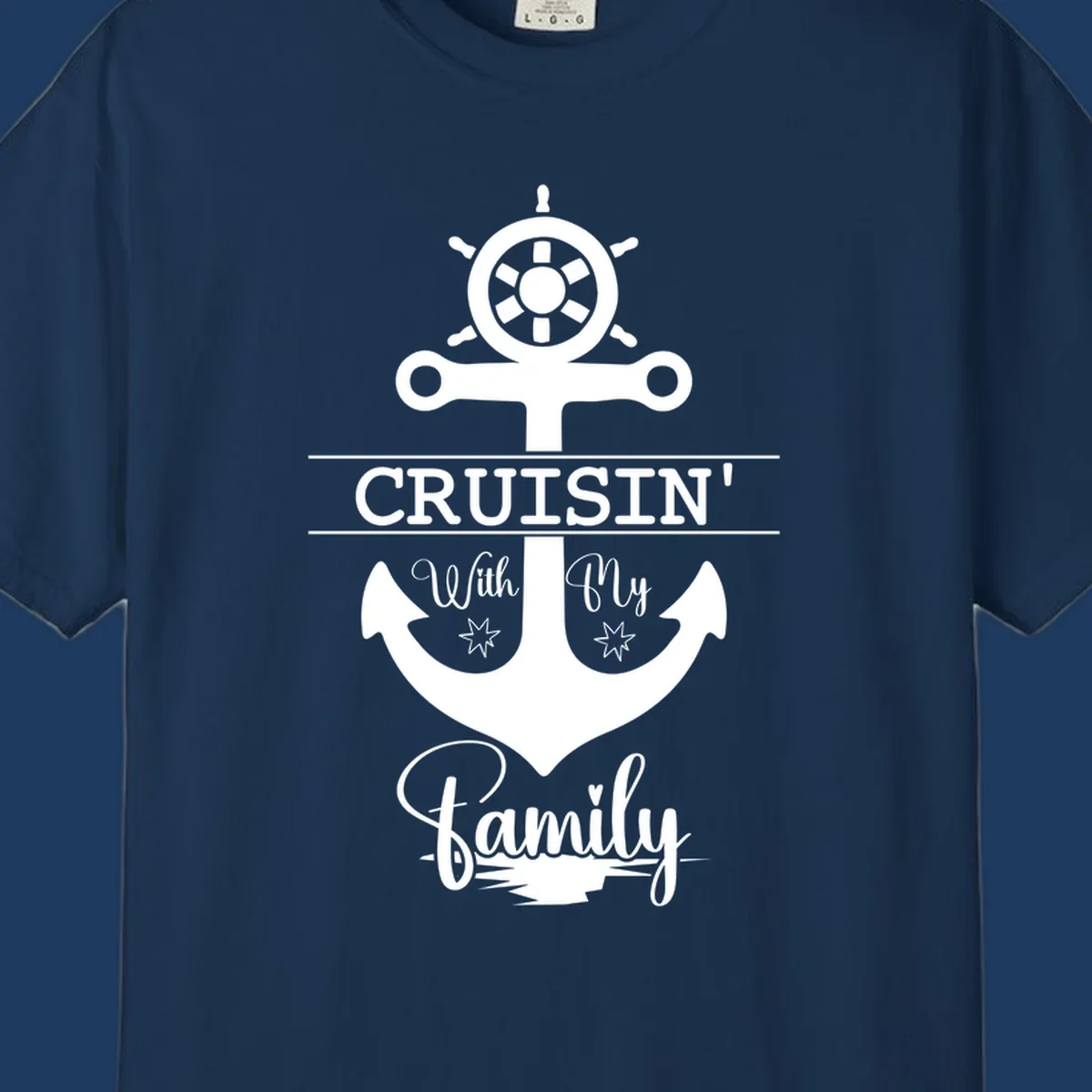 Nautical design with ship wheel and anchor featuring 'Cruisin' with My Family' text in white on gray background