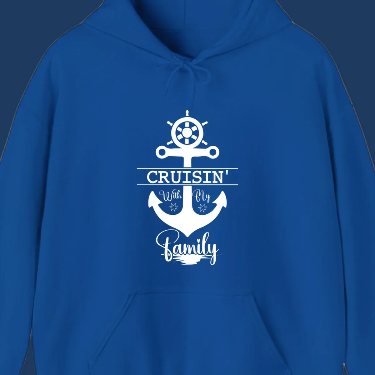 Nautical design with ship wheel and anchor featuring 'Cruisin' with My Family' text in white on gray background
