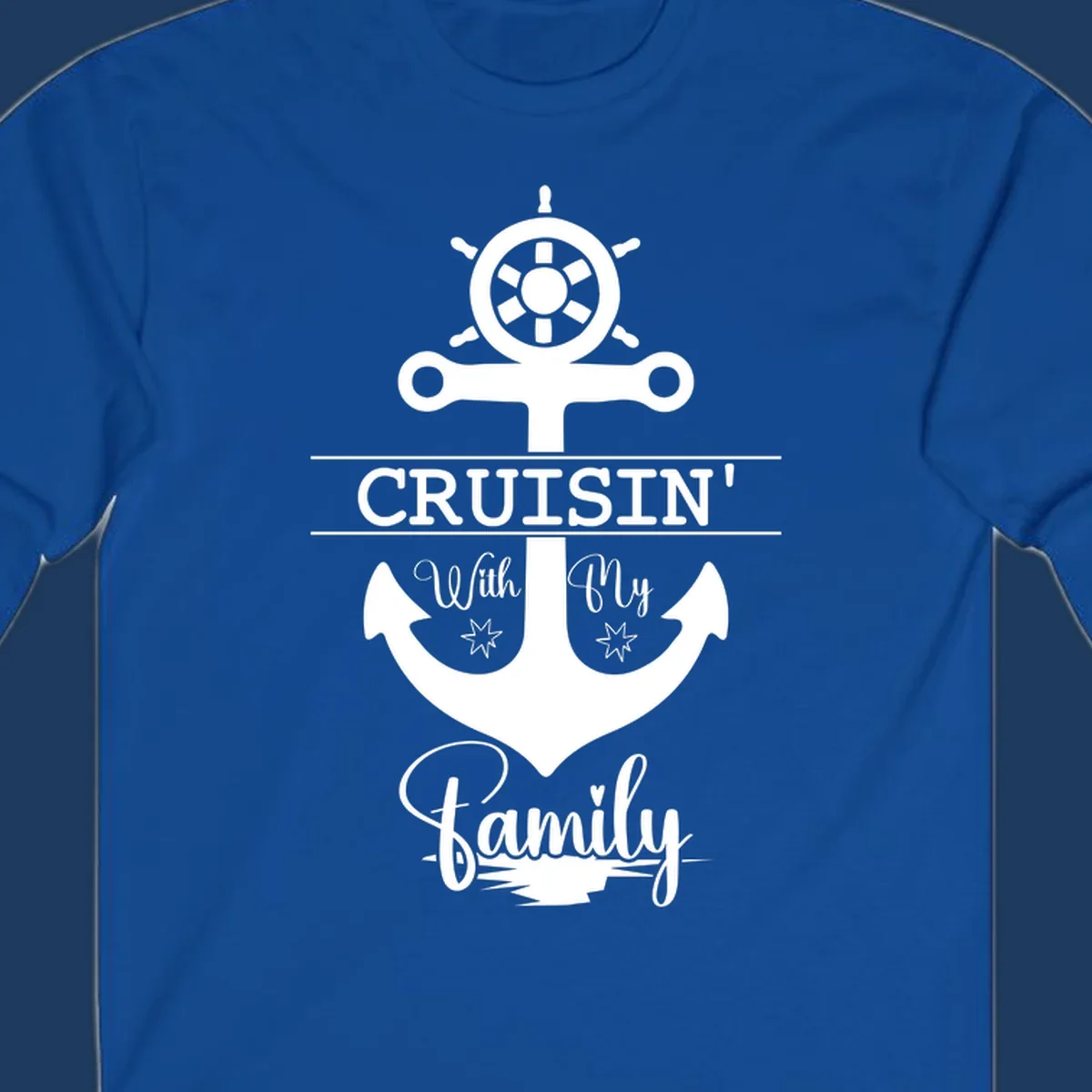 Nautical design with ship wheel and anchor featuring 'Cruisin' with My Family' text in white on gray background