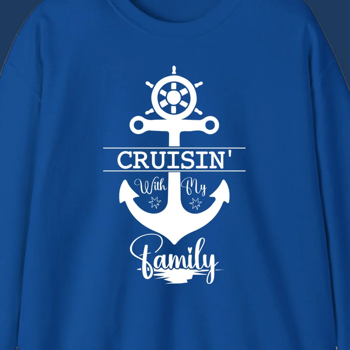 Nautical design with ship wheel and anchor featuring 'Cruisin' with My Family' text in white on gray background