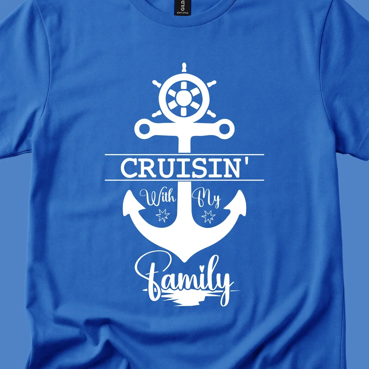Nautical design with ship wheel and anchor featuring 'Cruisin' with My Family' text in white on gray background