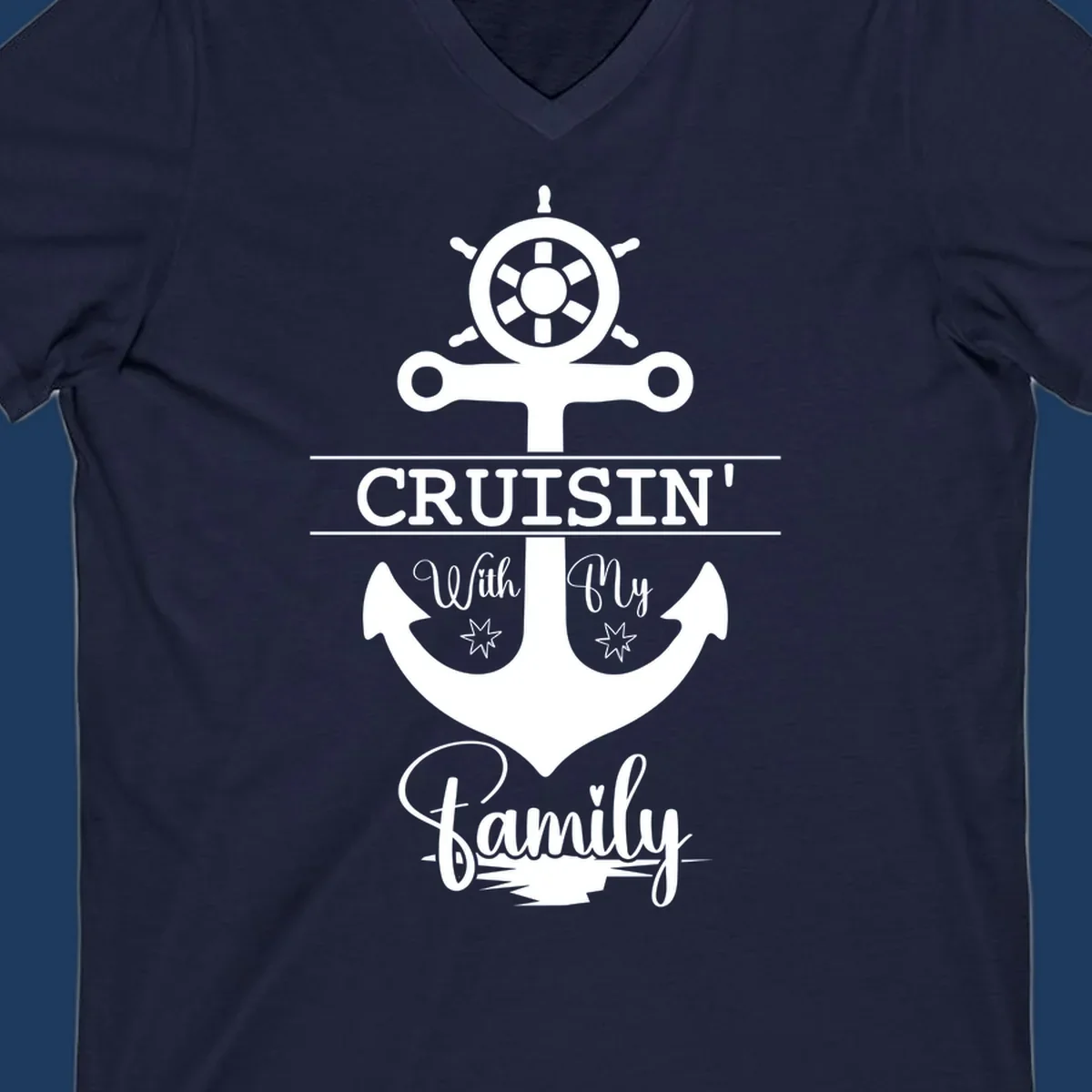 Nautical design with ship wheel and anchor featuring 'Cruisin' with My Family' text in white on gray background
