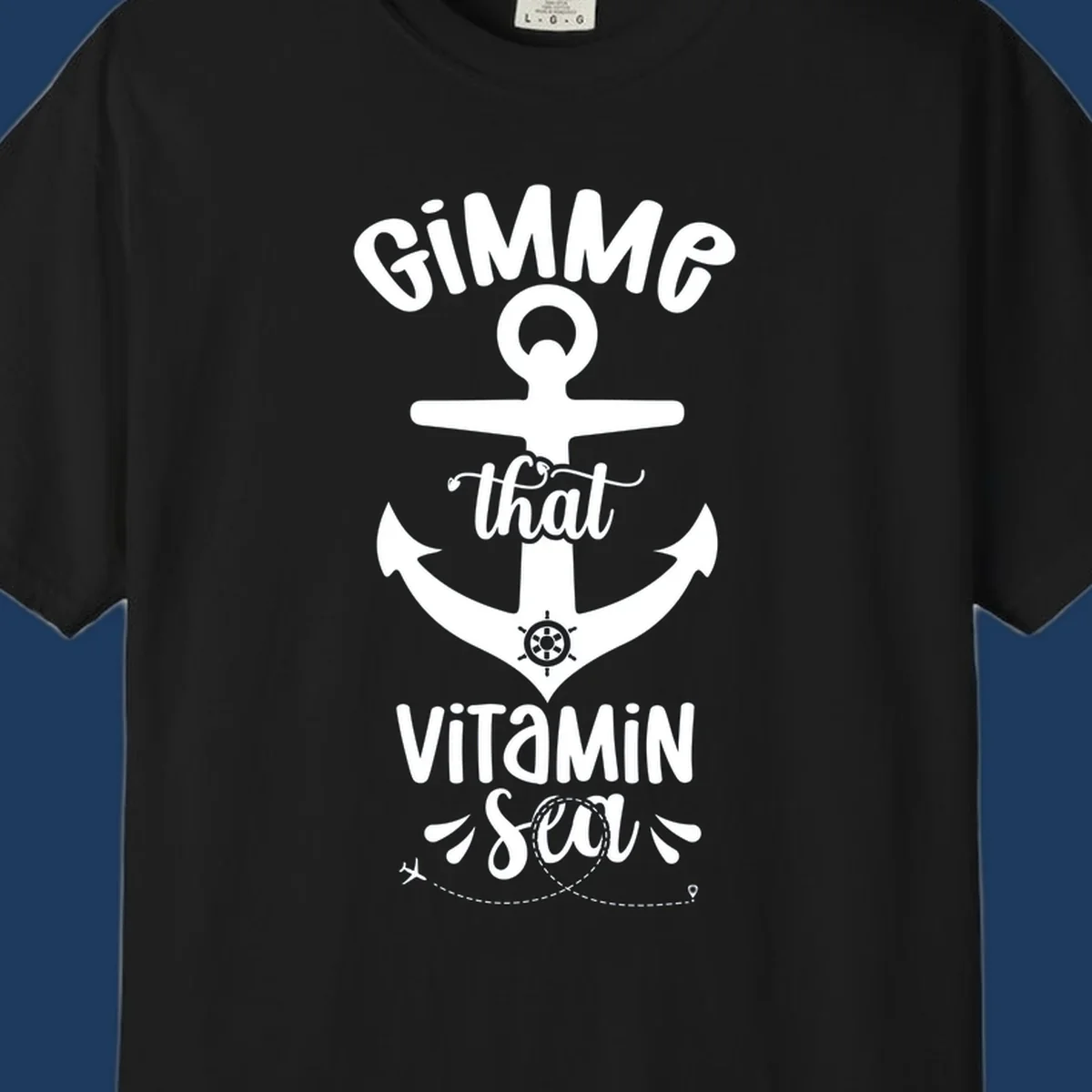 White anchor with ship wheel design and 'Gimme that Vitamin Sea' text on gray background, gimme-vitamin-sea-cruise theme