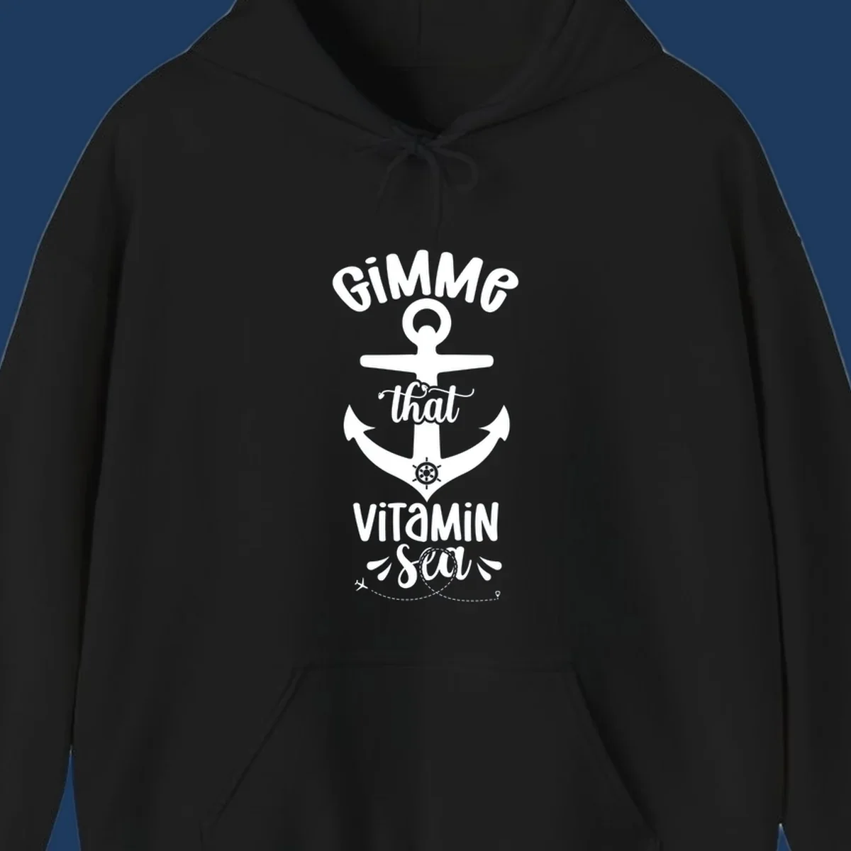 White anchor with ship wheel design and 'Gimme that Vitamin Sea' text on gray background, gimme-vitamin-sea-cruise theme