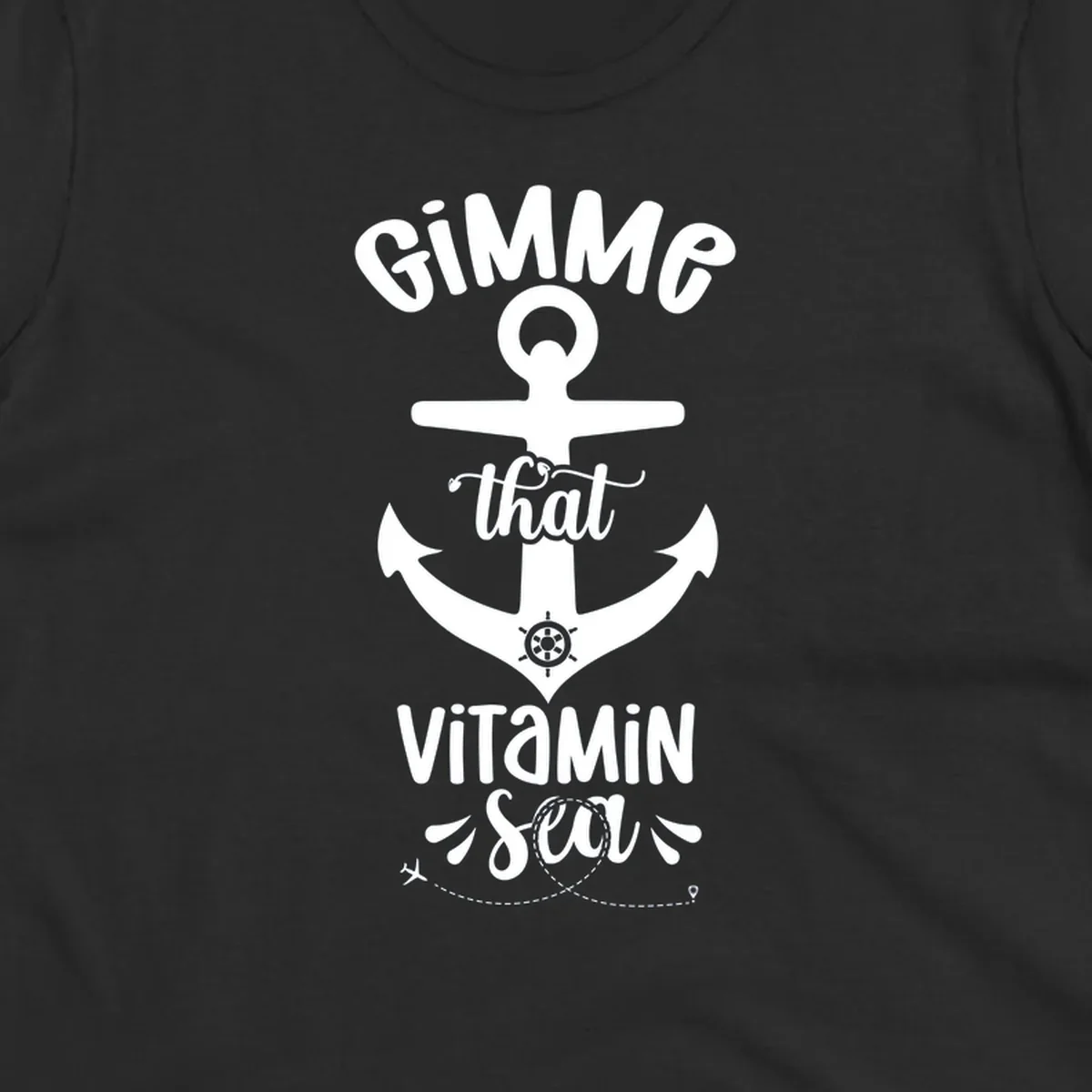 White anchor with ship wheel design and 'Gimme that Vitamin Sea' text on gray background, gimme-vitamin-sea-cruise theme