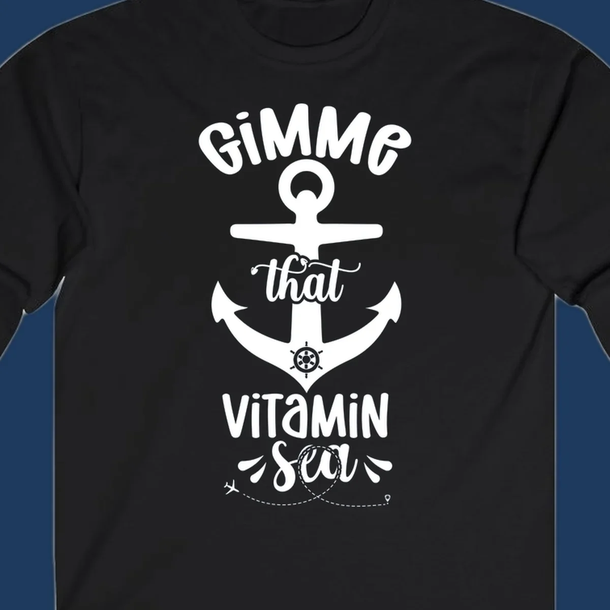 White anchor with ship wheel design and 'Gimme that Vitamin Sea' text on gray background, gimme-vitamin-sea-cruise theme
