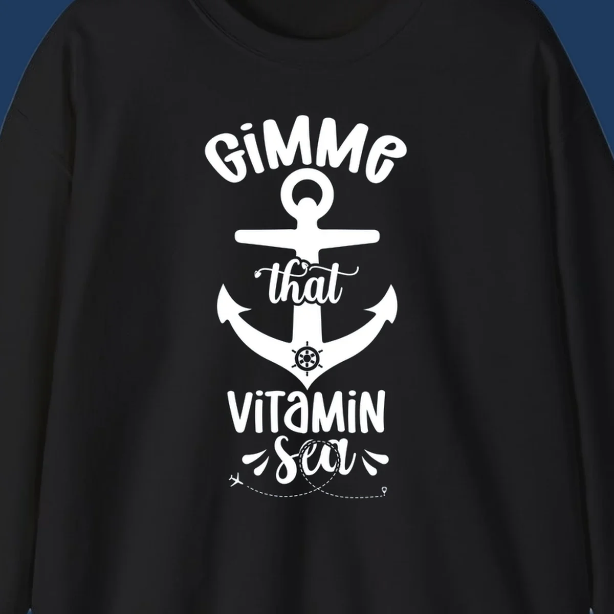 White anchor with ship wheel design and 'Gimme that Vitamin Sea' text on gray background, gimme-vitamin-sea-cruise theme