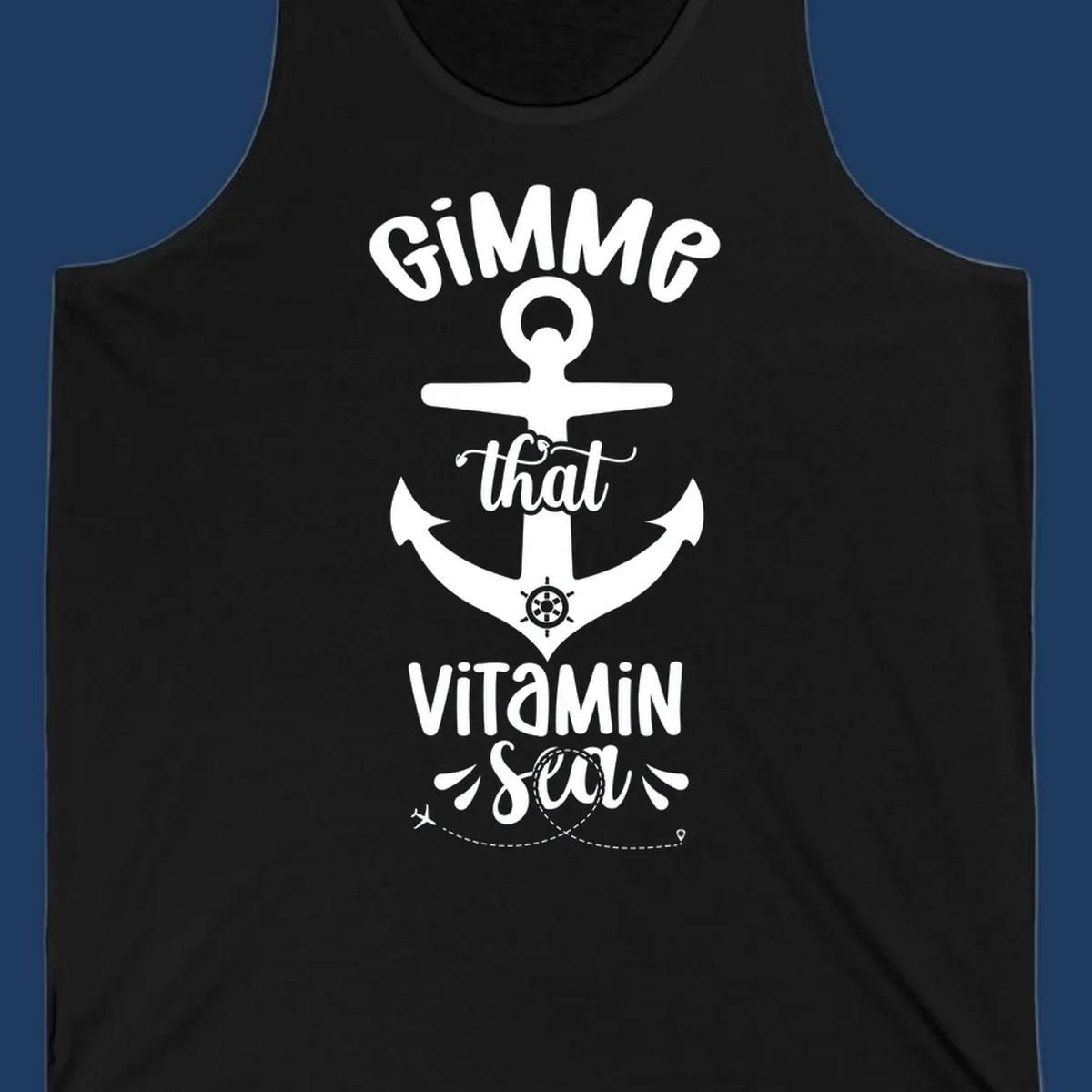 White anchor with ship wheel design and 'Gimme that Vitamin Sea' text on gray background, gimme-vitamin-sea-cruise theme