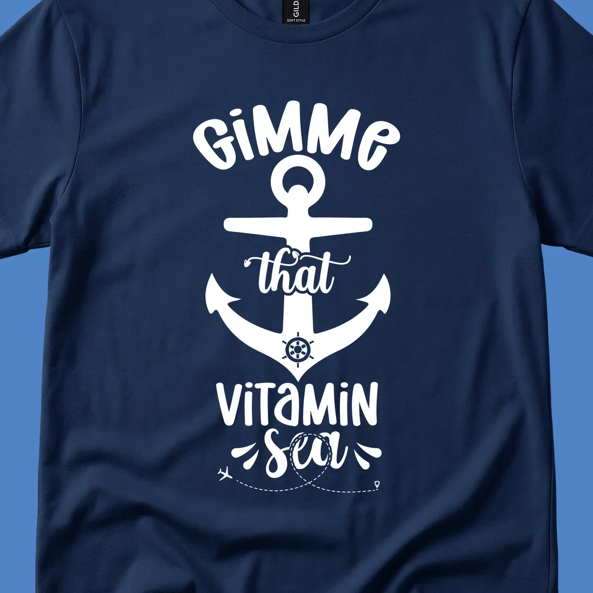 White anchor with ship wheel design and 'Gimme that Vitamin Sea' text on gray background, gimme-vitamin-sea-cruise theme