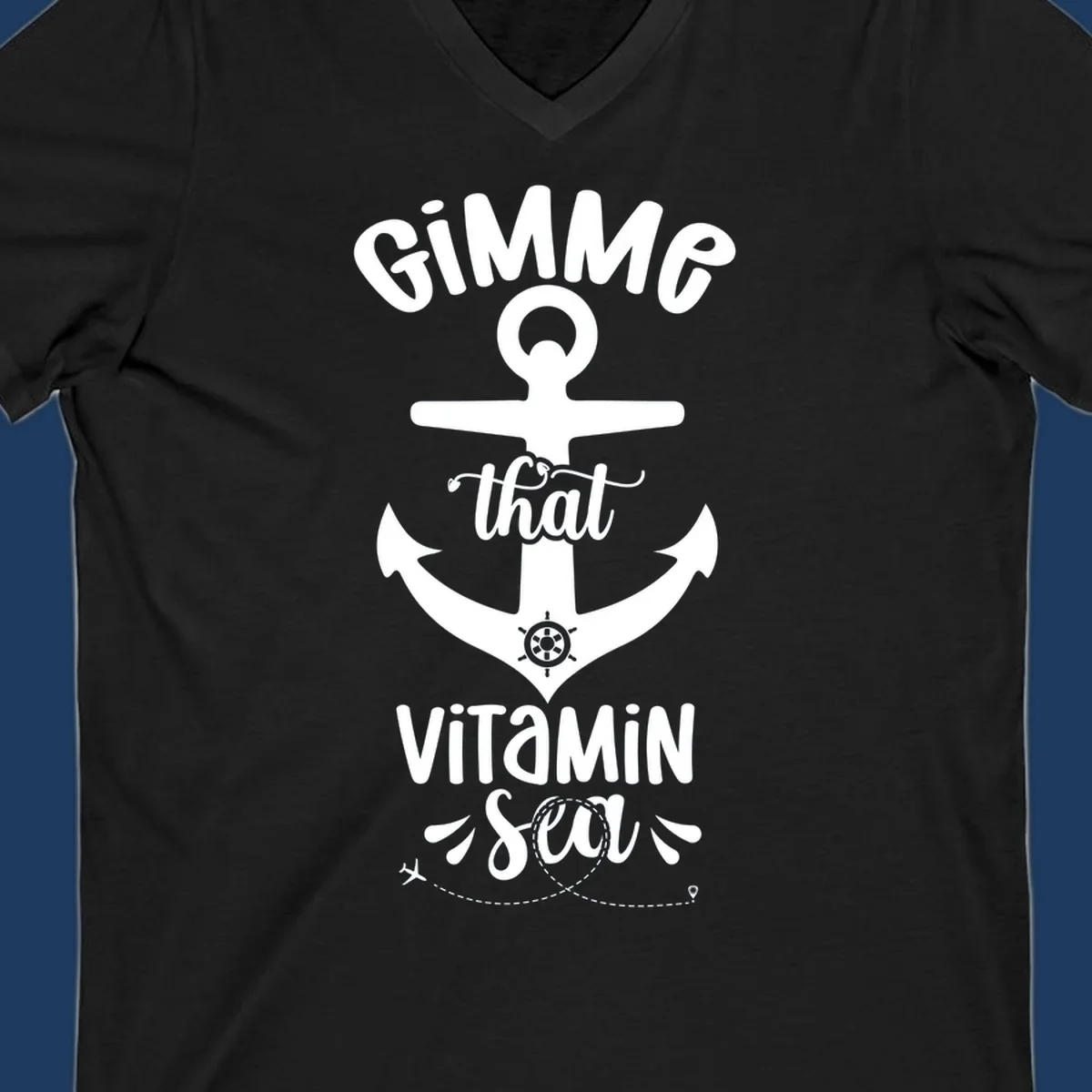 White anchor with ship wheel design and 'Gimme that Vitamin Sea' text on gray background, gimme-vitamin-sea-cruise theme