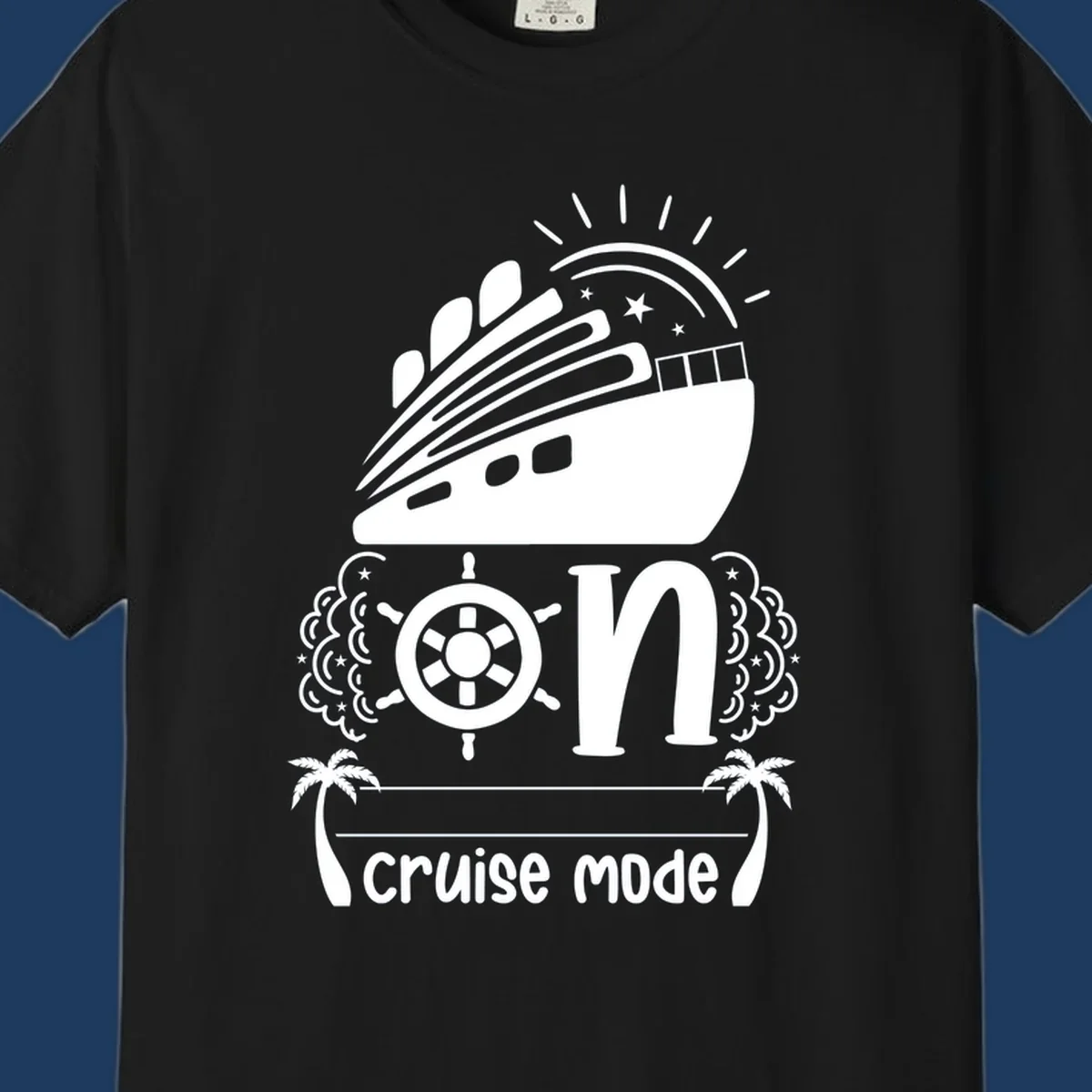 Cruise mode on design with ship, wheel, sun, stars, and palm trees in white and gray