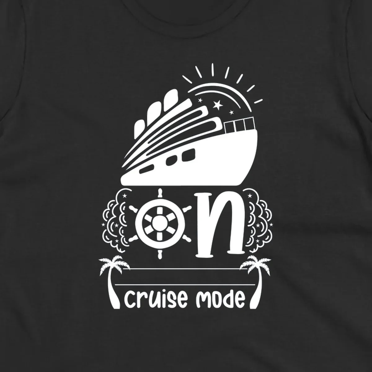 Cruise mode on design with ship, wheel, sun, stars, and palm trees in white and gray
