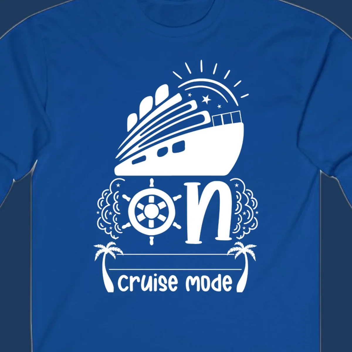 Cruise mode on design with ship, wheel, sun, stars, and palm trees in white and gray