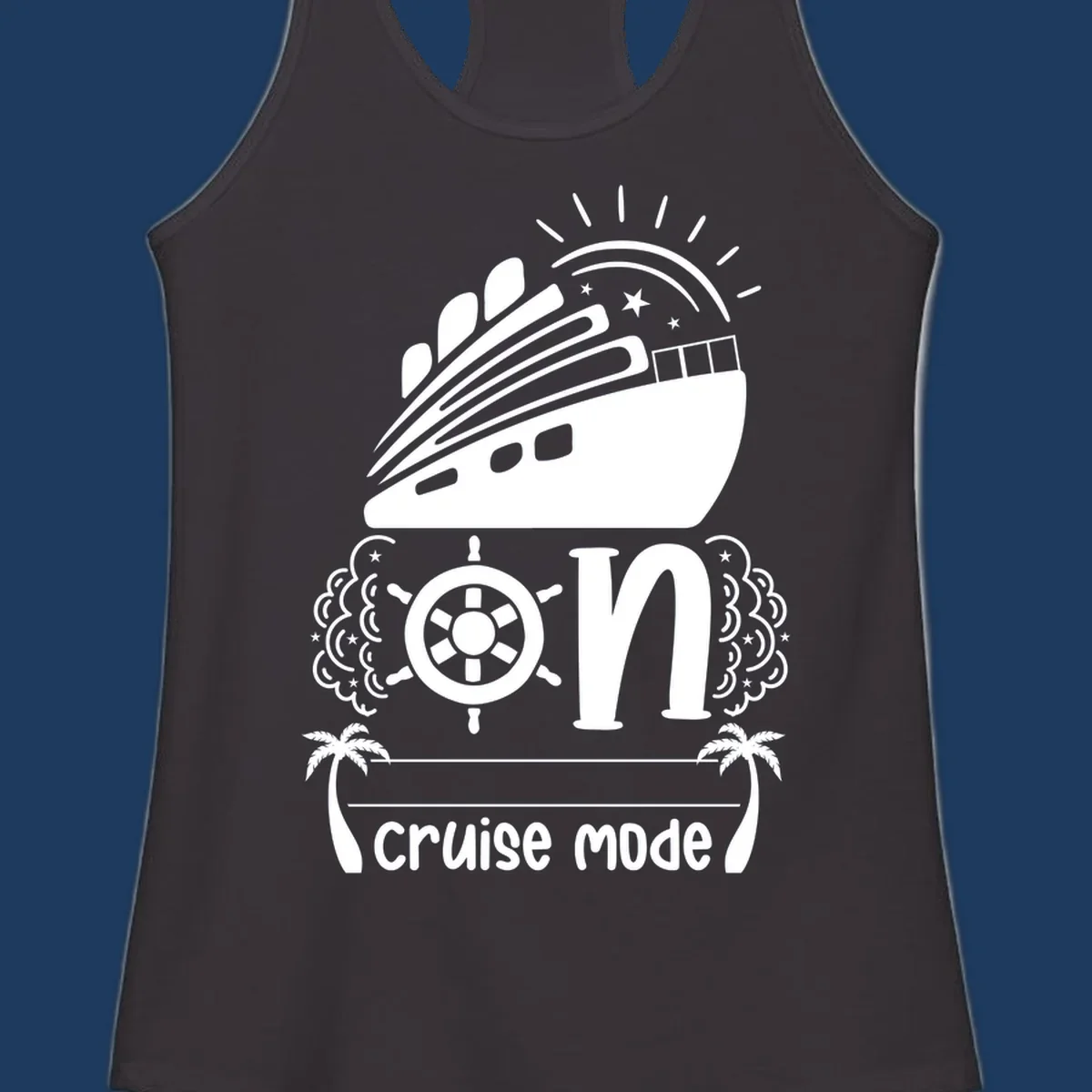 Cruise mode on design with ship, wheel, sun, stars, and palm trees in white and gray