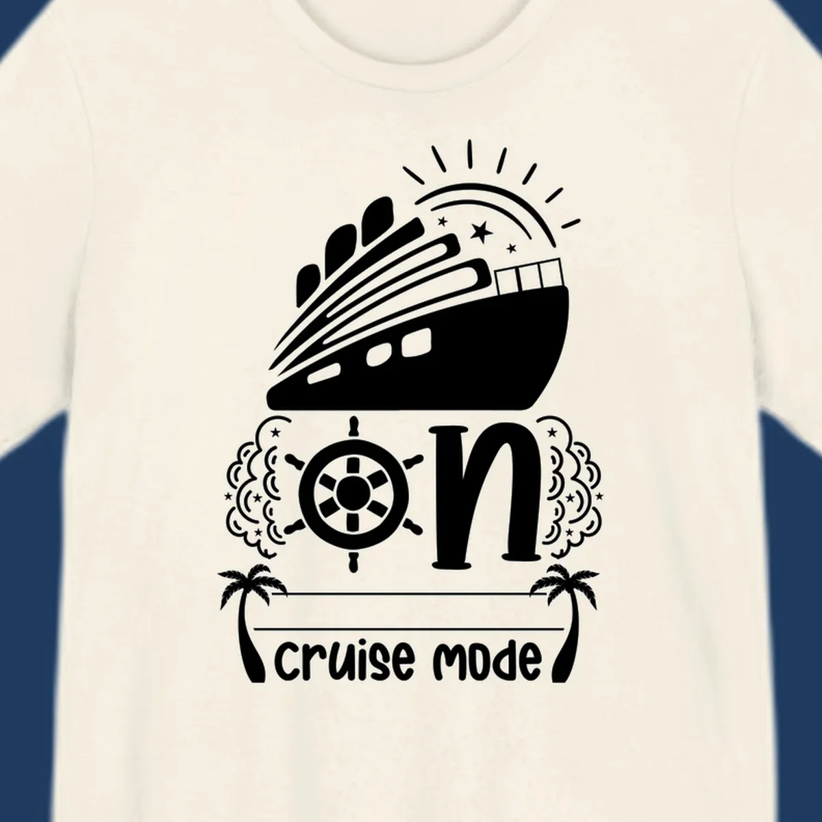 Cruise mode on design with ship, wheel, sun, stars, and palm trees in white and gray