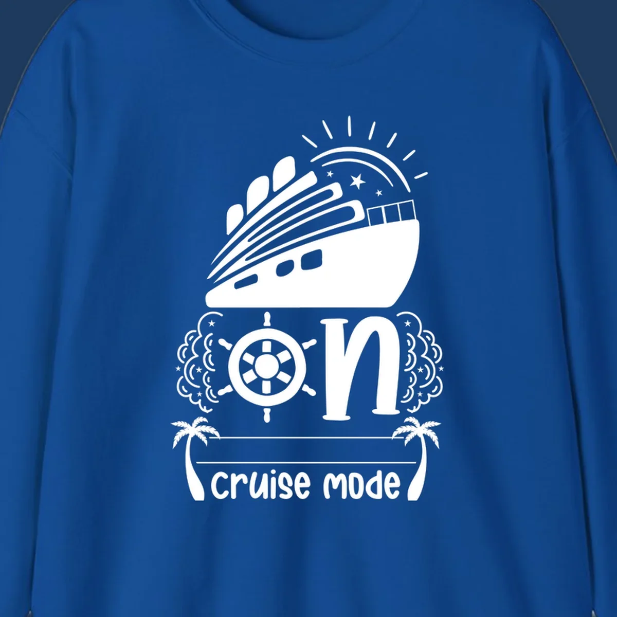 Cruise mode on design with ship, wheel, sun, stars, and palm trees in white and gray
