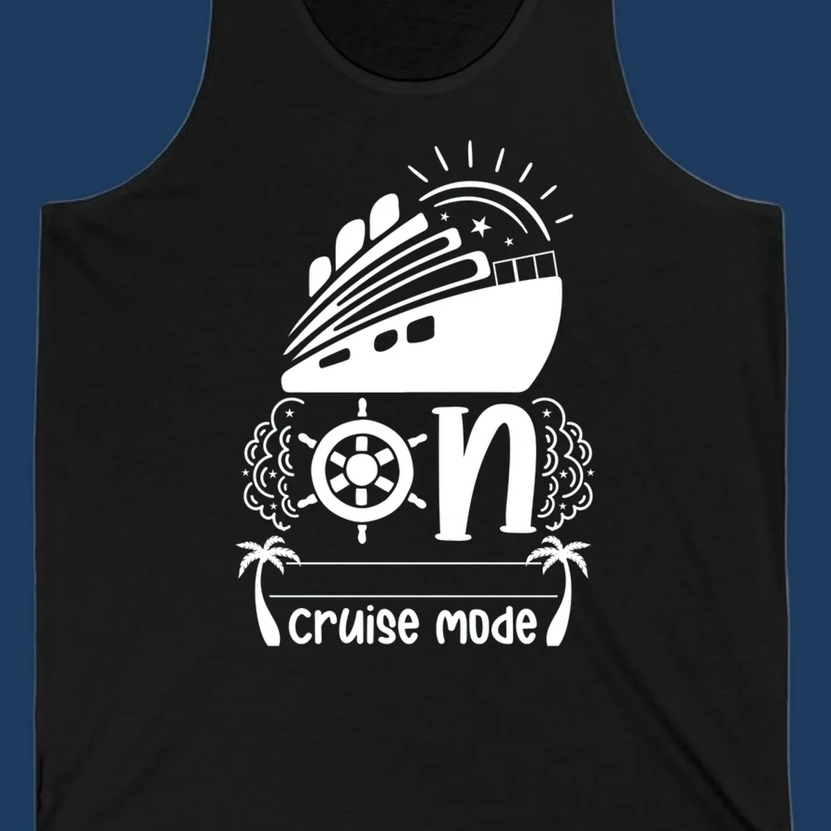 Cruise mode on design with ship, wheel, sun, stars, and palm trees in white and gray