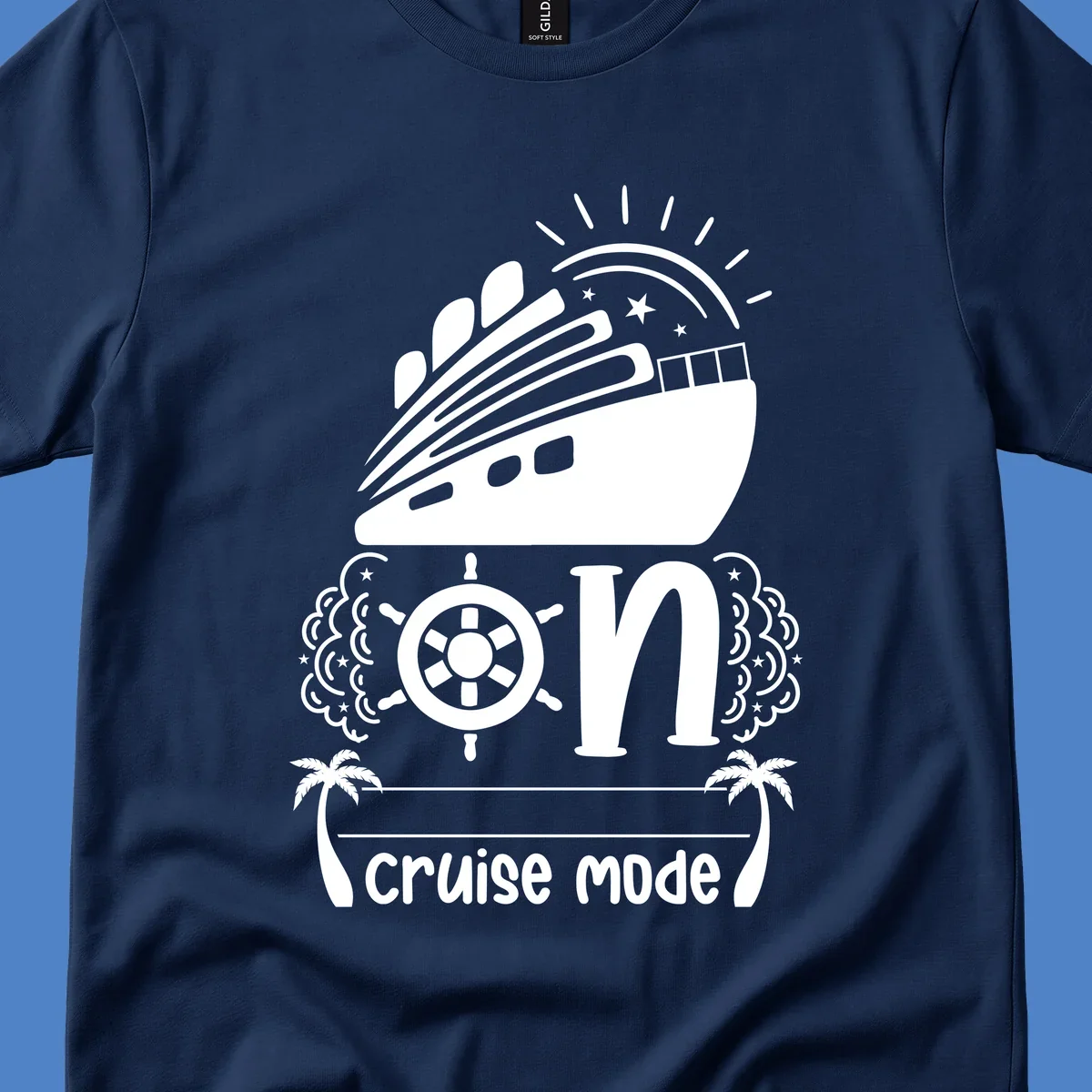 Cruise mode on design with ship, wheel, sun, stars, and palm trees in white and gray