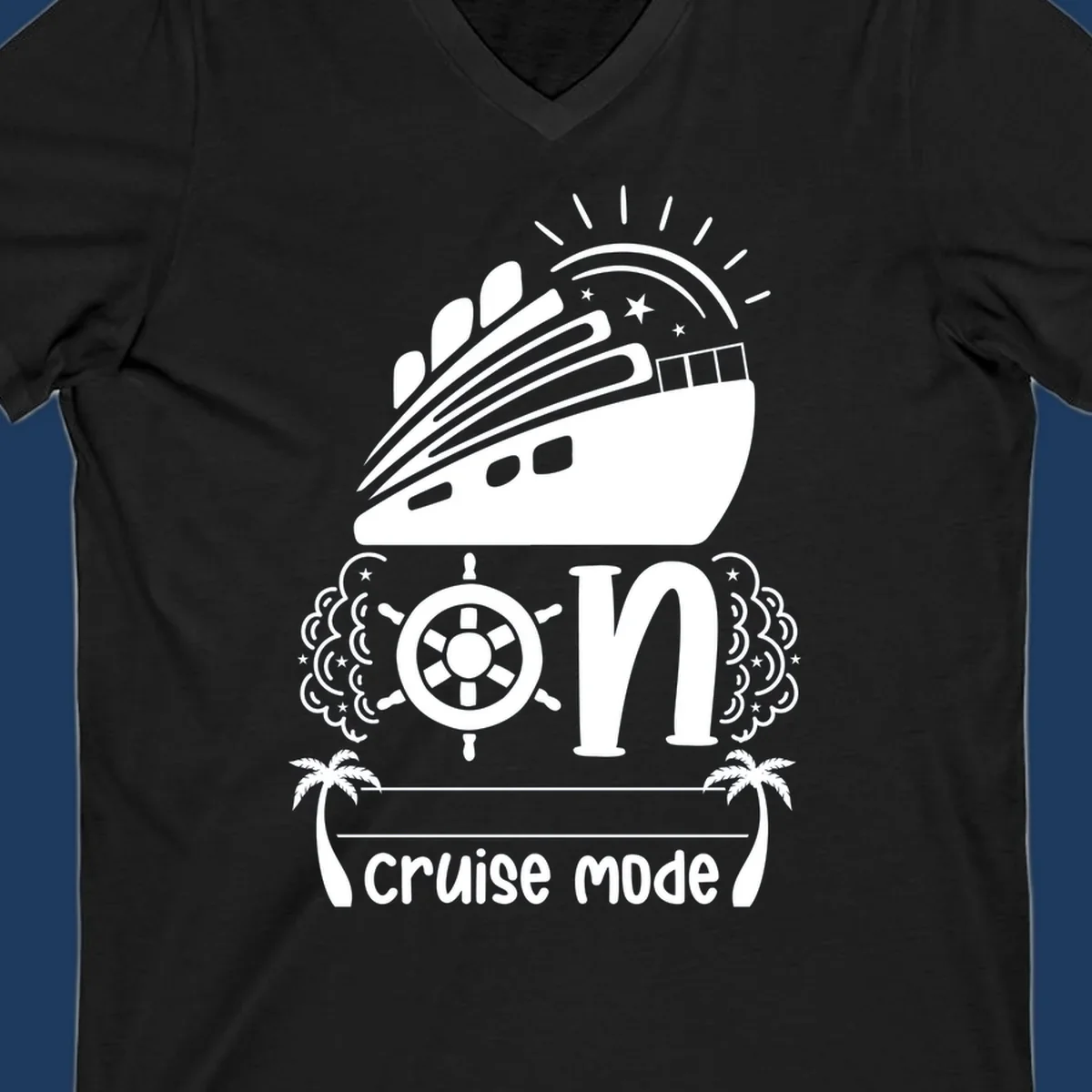 Cruise mode on design with ship, wheel, sun, stars, and palm trees in white and gray