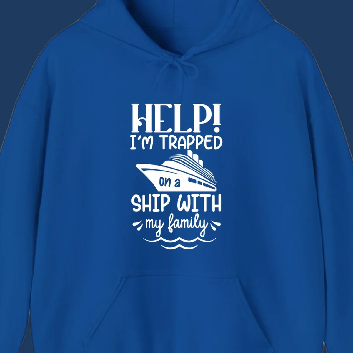 Gray design with white text reading 'Help! I'm trapped on a ship with my family' featuring a cruise ship and ocean waves illustration