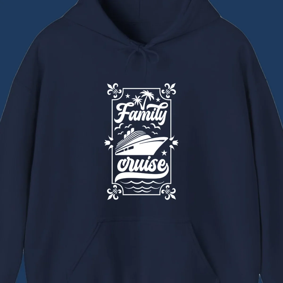 Vintage-style family cruise design with script lettering, cruise ship illustration, palm trees, stars, and decorative border on gray background