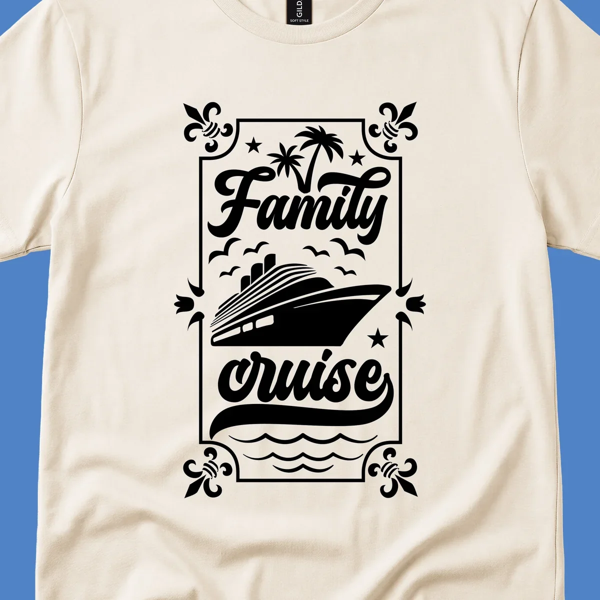 Vintage-style family cruise design with script lettering, cruise ship illustration, palm trees, stars, and decorative border on gray background