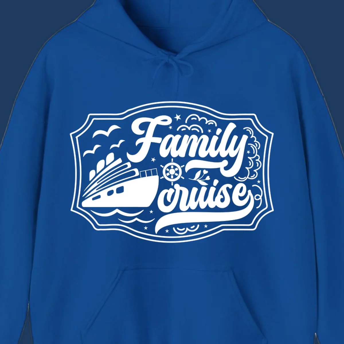 Vintage-style family cruise badge with ship, wheel, and nautical elements in white on gray background