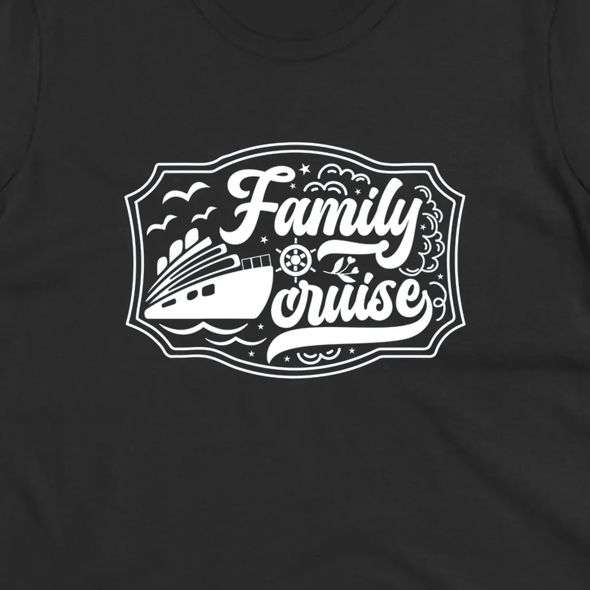 Vintage-style family cruise badge with ship, wheel, and nautical elements in white on gray background