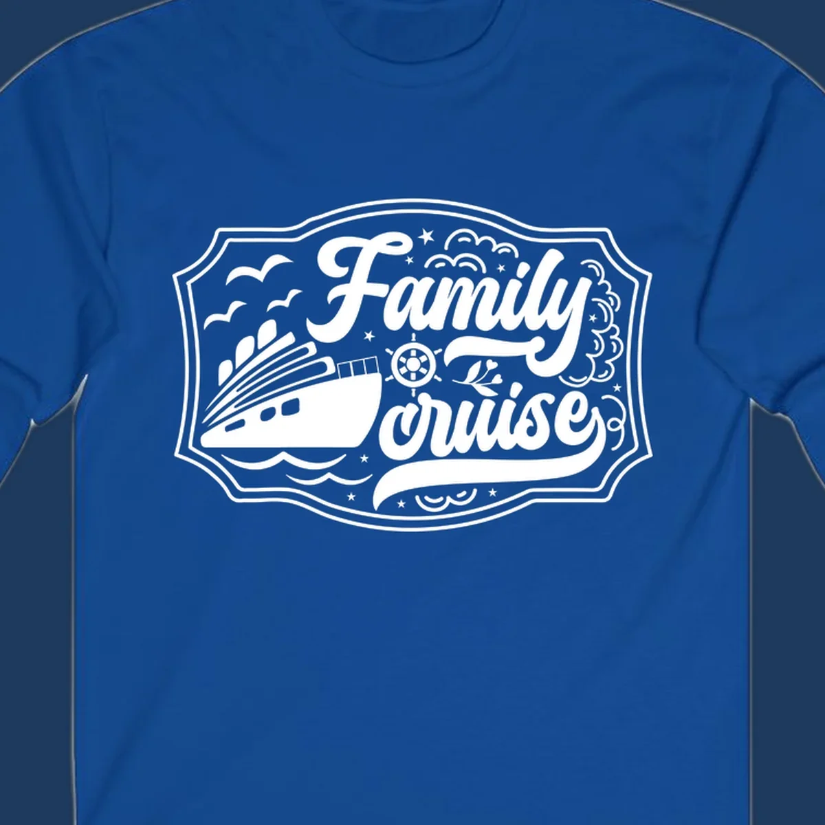 Vintage-style family cruise badge with ship, wheel, and nautical elements in white on gray background