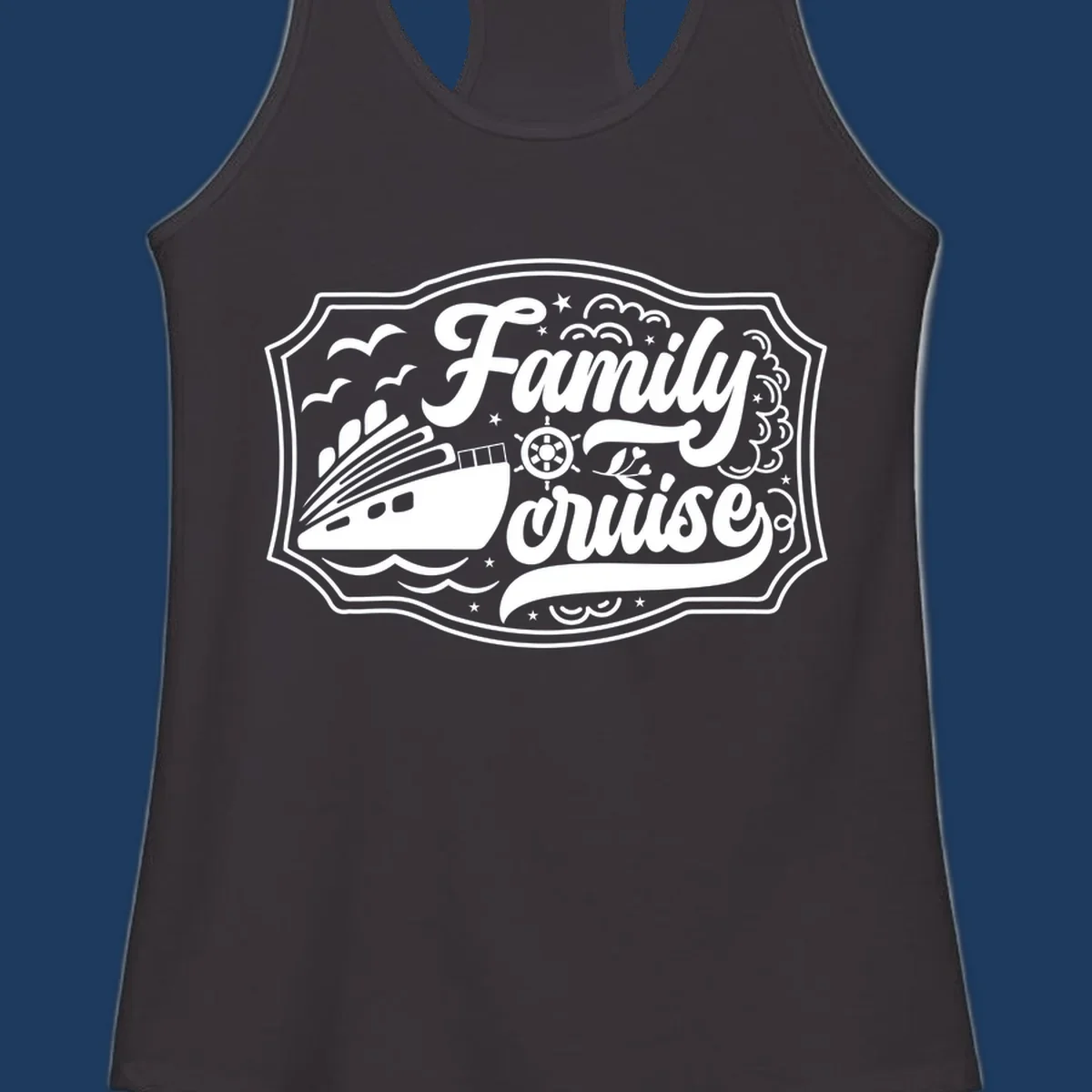 Vintage-style family cruise badge with ship, wheel, and nautical elements in white on gray background