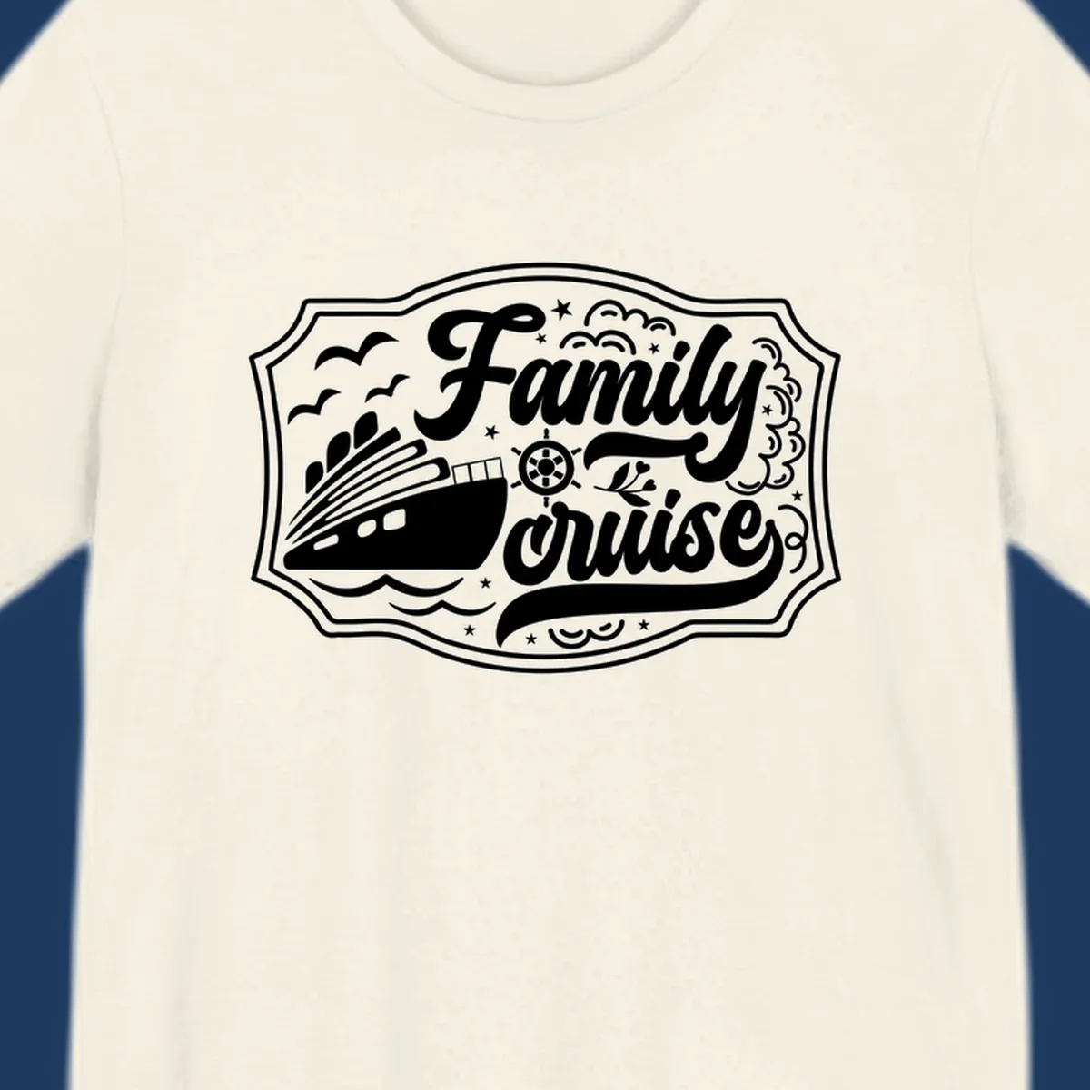 Vintage-style family cruise badge with ship, wheel, and nautical elements in white on gray background