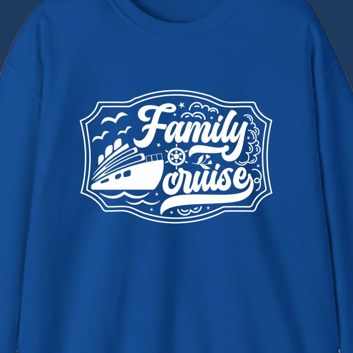 Vintage-style family cruise badge with ship, wheel, and nautical elements in white on gray background